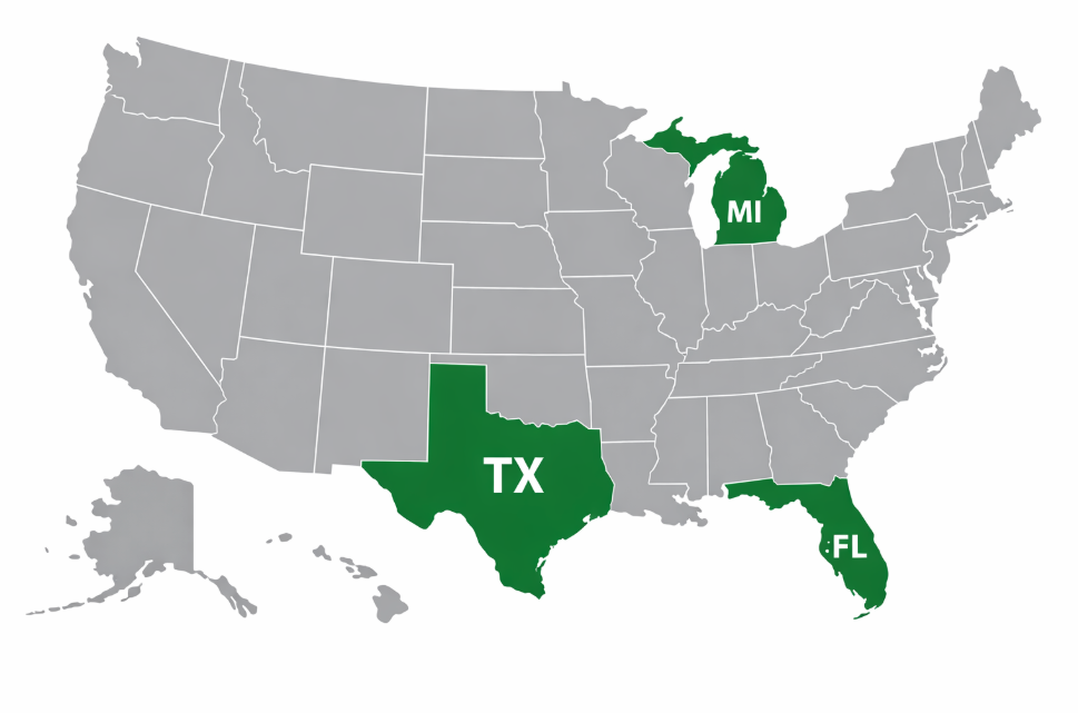 Grey map of the United States with Florida, Michigan, and Texas highlighted in green